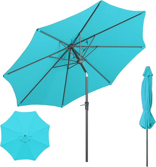 Outdoor Patio Umbrella with One Push Button Tilt and Crank, 8 Sturdy Ribs Market Table Umbrella