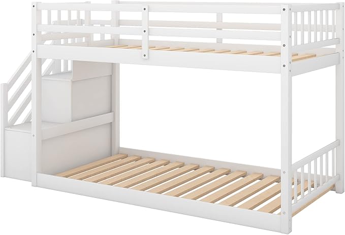 Twin Over Twin Low Bunk Bed with Ladder and for Storage Staircase for Teens, Boys or Girls, No Box Sping Needed