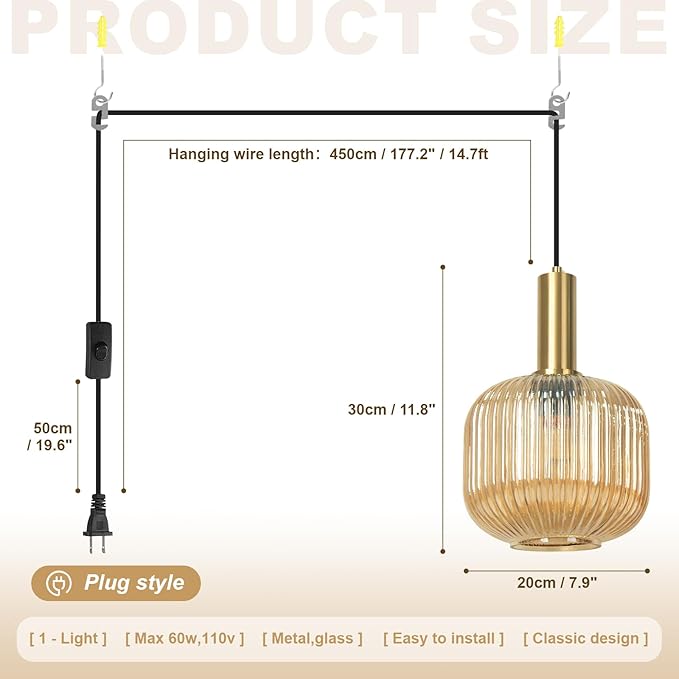 Plug in Light for Ceiling, Amber Glass Pendant Lights Gold Kitchen Island Hanging Lights Modern Mid Century Pendant Lights Globe Plug in Swag Lamps for Dining Room Living Room, 2 Pack