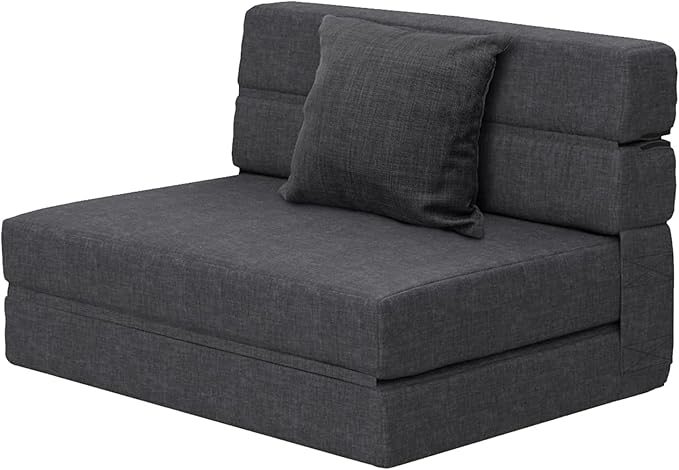 ANONER Folding Sleeper Chair Sofa Bed with Pillow, Memory Foam Fold Out Chair Bed and Futon Floor Couch, Twin Size, Dark Gray
