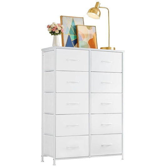 10-Drawer Fabric Dresser, Chest of Drawers Clothes Cabinet for Closet & Bedroom, Storage Organizer with Steel Frame for Entryway, Dorm, Living Room, White