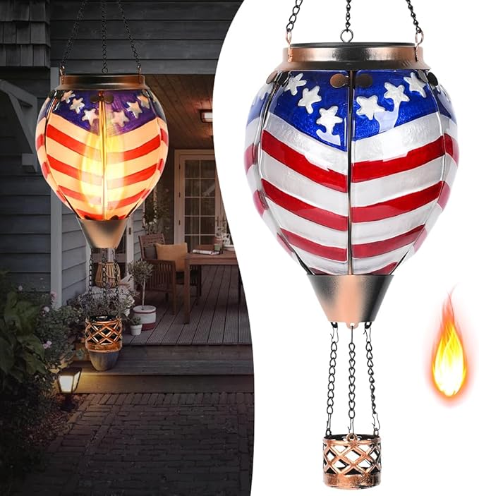 Hot Air Balloon Solar Lantern - U.S Flag Patriotic Glass Lantern, Simulated Flickering Dancing Flame, Outdoor Hanging Yard Light Waterproof IP65, Ideal 4th of July Gift for Patriot Patio Decor
