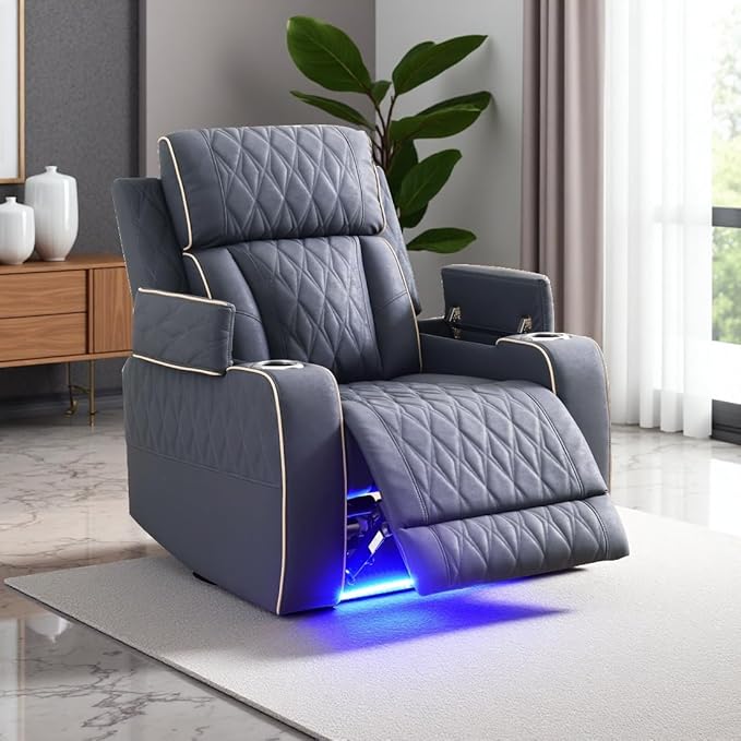 Power Leather Recliner Sofa Chair, Living Room Furniture Sets, Sanded Leather Reclining Couch Chair, Single Recliner with Arm Storage/Cup Holder/Charging Port for Home Theater/Office,Blue Grey