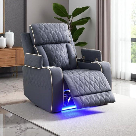 Power Leather Recliner Sofa Chair, Living Room Furniture Sets, Sanded Leather Reclining Couch Chair, Single Recliner with Arm Storage/Cup Holder/Charging Port for Home Theater/Office,Blue Grey