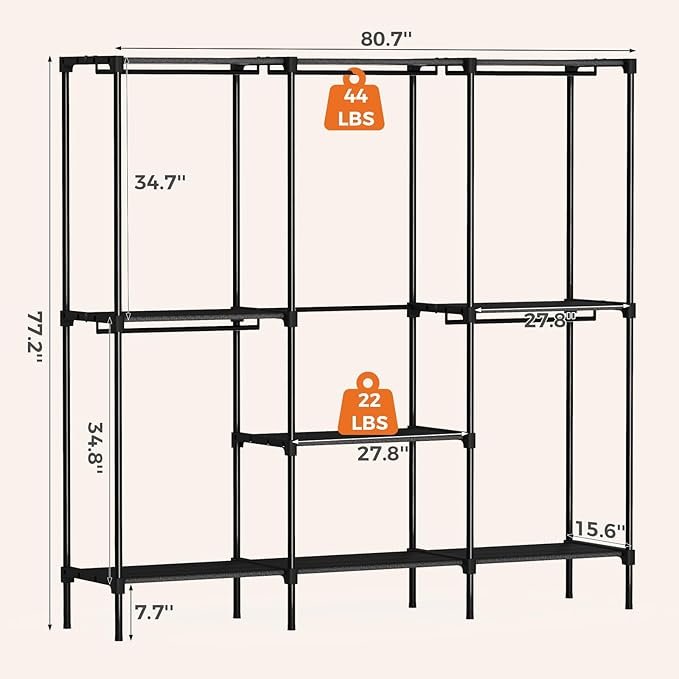 OLIXIS Portable Wardrobe Closet with Hanging Rods, 81 Inch Portable Clothing Rack with Shelves, Heavy Duty Clothes Rack, Freestanding Closet Organizer, 81" L x 15.7" W x 77" H