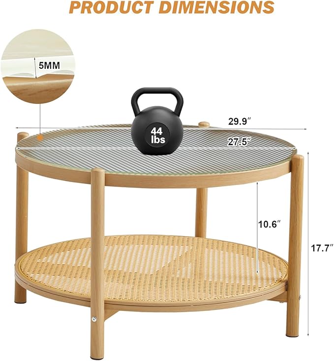 COSVALVE 27.5" Boho Rattan Coffee Table, Round Glass Metal Center Table, Modern Simple 2 Tier Middle Table for Small Space Living Room Bedroom Office Meeting Room