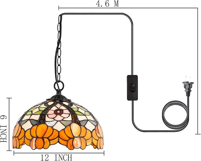 Tiffany Pendant Light Plug in 12 Inch Orange Flower Stained Glass Hanging Lamp with Chain 33 Inch, Cord 15 Feet