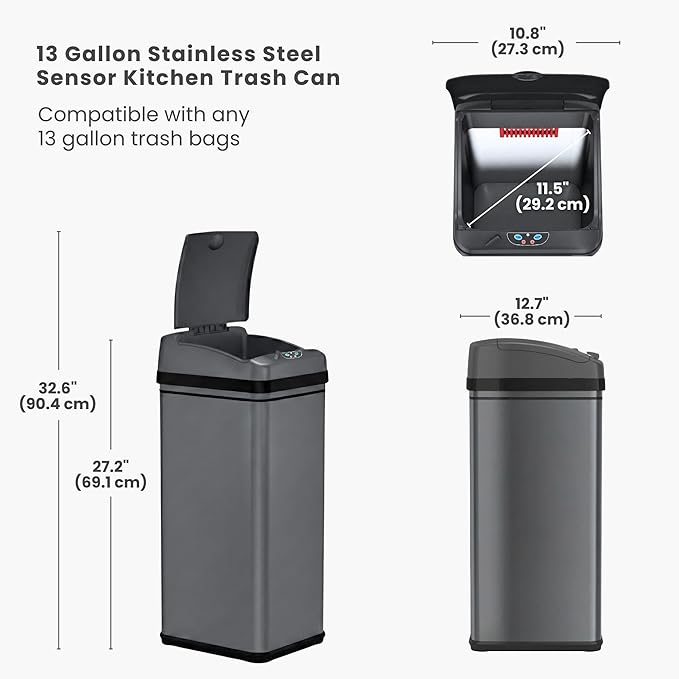 iTouchless 13 Gallon Smart Bin with Odor Filter, 50L Touchless Stainless Steel Kitchen Trash Can, Automatic Motion Lid, Fingerprint-Proof, Hands-Free Pet-Safe Lock & Soft-Close, Modern Gunmetal Gray