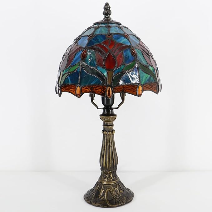 Small Tiffany Lamp Mini Accent Table Lamp Stained Glass Desk Memory Lamp Sympathy 8X14.5 Inch (Tulip Style)