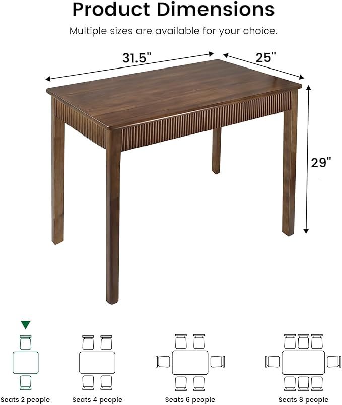 31.5" Solid Wood Dining Room Table for 2,Modern Farmhouse Rectangular Kitchen Real Wooden Table,Mid Century Fluted Design Furniture Desk for Home,Small Space,Apartment,Living Room Walnut