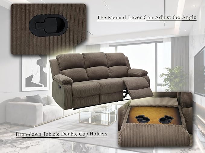 Living Room Furniture Sets, Manual Recliner Sofa with Cup Holders, Peanut Brown Corduroy Fabric Reclining Sectional Sofa with 2 Recliner Seats, Drop-down Table, Storage Console for Living Room