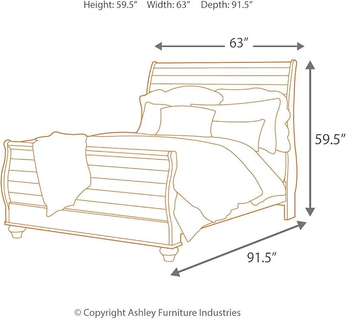 Signature Design by Ashley Willowton Vintage Queen Sleigh Bed with Metal Slats, Foundation or Box Spring Needed, Whitewash