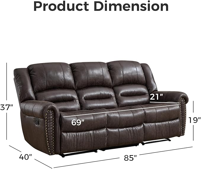 EBELLO Faux Leather Manual Reclining Sofa, 3 Seat Reclner Sofa with Soft Padded Seat Backrest, Vintage Rivet Mid-Century Design for Living Room, Bedroom, Meeting Room, Dark Brown