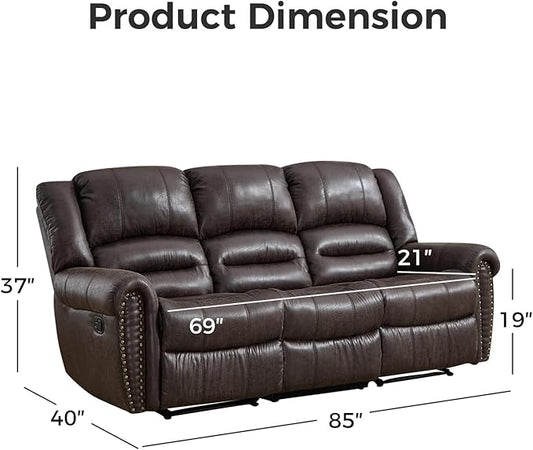 EBELLO Manual Recliner Sofa Set, Faux Leather Fabric Reclining Living Room Set, Included Single Recliner Chair and 3 Seat Manual Sofa,Vintage Rivet Mid-Century Design for Living Room, Dark Brown