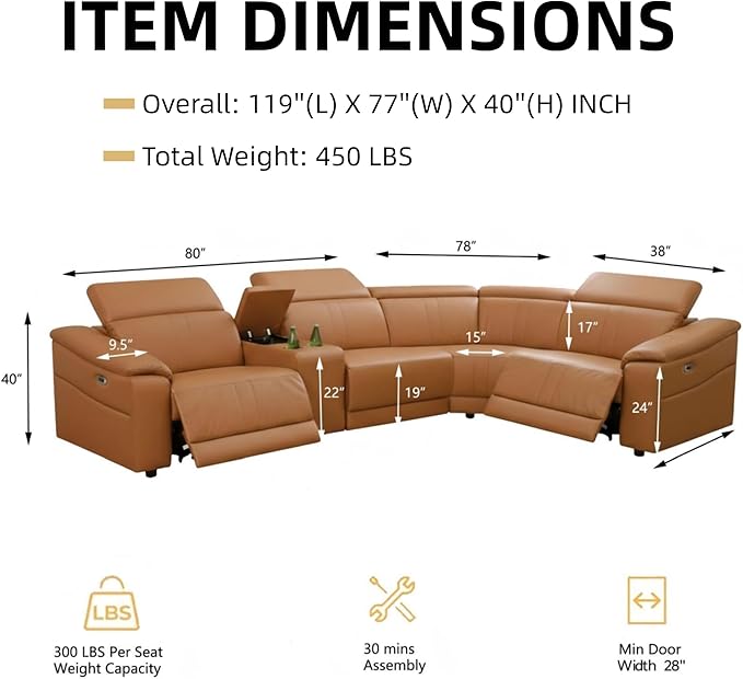 Power Recliner Sectional Couch, Breathing Leather Living Room Furniture Set, Reclining Corner Sectional Sofa with Storage Console/Cup Holders for Home/Office (Caramel, 4 Seater Couch)