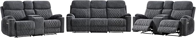 HAOMARKETS 3-Piece Power Recliner Sofa Set with Charging Port, Include 2 2-Seater Loveseat Reclining Couches with Hidden Storage and Cup Holders and 3-Seater Recliner Couch for Living Room, Dark Grey