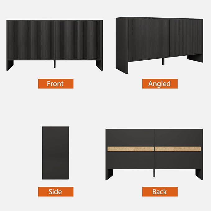 Fluted Sideboard with Doors & Shelves - Buffet & Credenza Storage - Under TV or Bedroom/Entryway Cabinet - Black