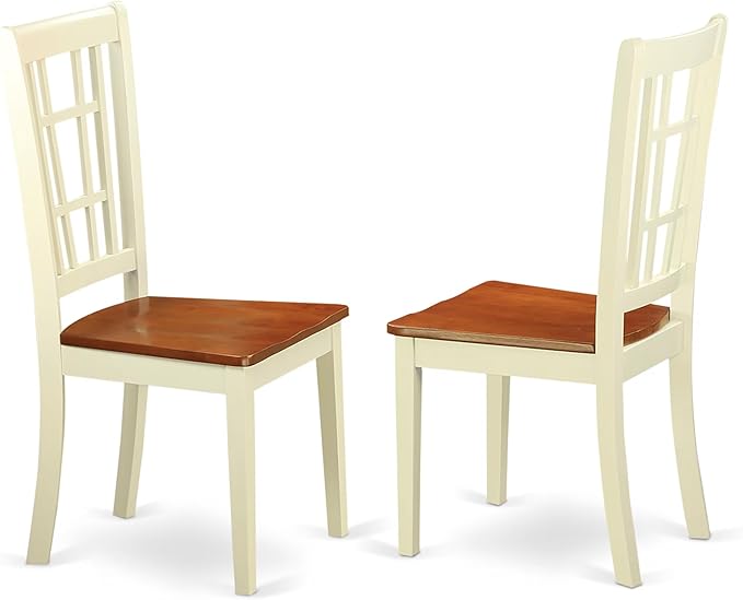 East West Furniture NIC-WHI-W Nicoli Dining Room Chairs - Stylish Back Wood Seat Chairs, Set of 2, Buttermilk & Cherry