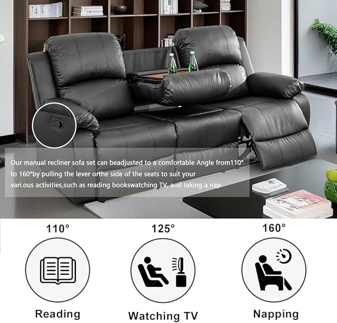 3 Seater Modern Reclining Couch Manual Recliner Sofa Living Room Furniture Black Vegan Leather Couch with Cup Holder/Flip-Down Table for Home Theater/Rv Car (Black,3Seater Sofa)