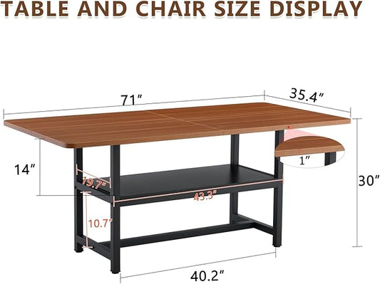 Dining Table, 71 inch Kitchen Table with Storage Shelf, Dinner Table with Black Textured Tabletop & Metal Legs, Minimalist Design for Family Gatherings, Fits Modern Home Decor, Walnut Black