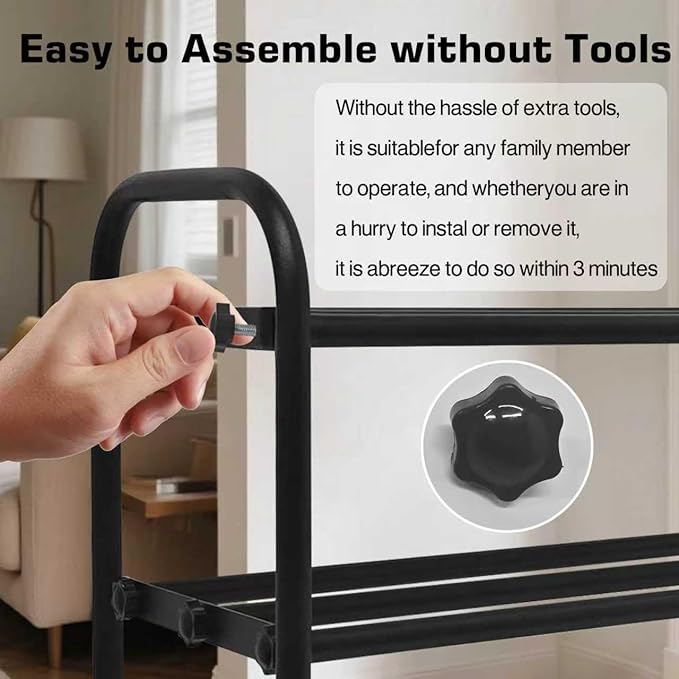 HESPULA 3-Tier Shoe Rack，Stainless Steel Shoe Organizer Storage Shelf，No Tools Required Hand-Tightened Screws，Space Saving for Entryway，Closet，Garage (Black)