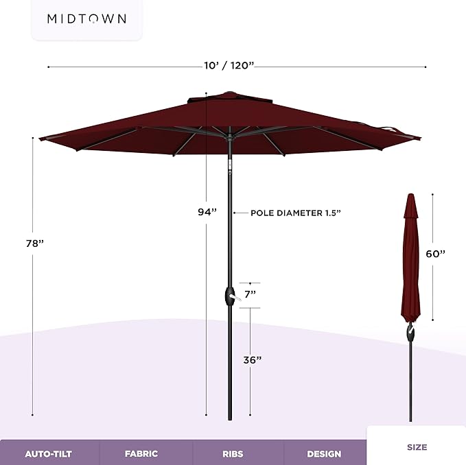 Midtown Umbrellas - The Lean 10 Ft Patio Umbrella with Fade-Resistant Sunbrella Fabric, Auto-Tilt Aluminum Frame and 8 Reinforced Ribs for Deck, Pool & Garden - Burgundy Canopy, Black Pole