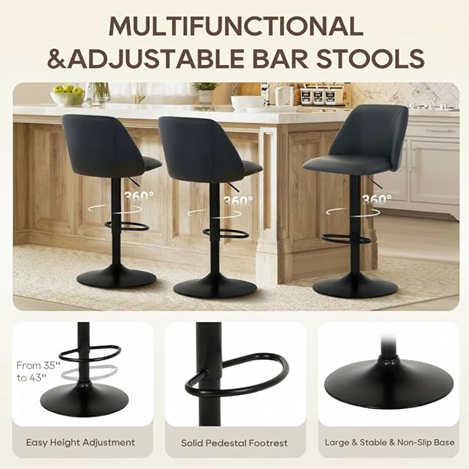 COLAMY Adjustable Bar Stools, Modern PU Leather Bar Chairs with Curved Mid-Back, 360° Swivel Counter Height Stools with Footrest & Sturdy Base for Kitchen Island, Dining Room, Home Bar,Set of 4
