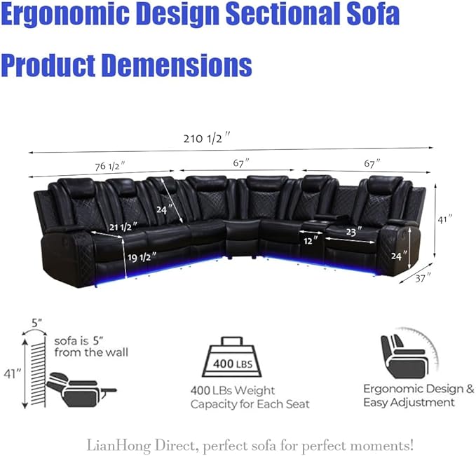 Power Recliner Sofa Set, Power Sectional Sofa for Living Room, Black Breathing Leather Sectional Couch, Loveseat and Chair Sets with LED, USB Charging, Cup Holders, Storage for House/Office