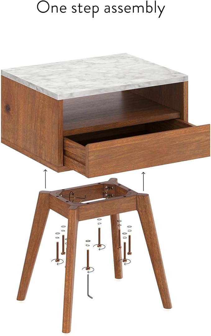 Nathan James Mid-Century Rectangle Accent Side or End Table Walnut Finish Wood and Faux Marble Top with Storage Nightstand, Frame, White/Brown