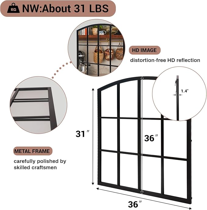 36 Inch Arched Window Mirror, Matte Black Metal Frame Decorative Mirror, Grid Wall Mirrors for Living Room, Bedroom, Entryway