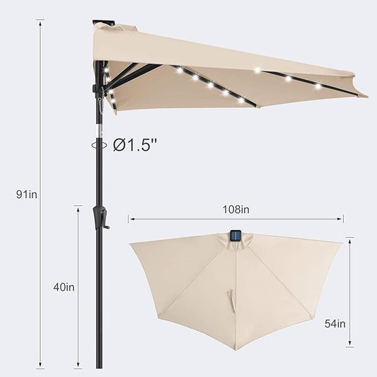 FLAME&SHADE 9 FT Solar Half Patio Umbrella with 25 LED Lights, Half Outdoor Umbrella with Button Tilt, Half Round Table Umbrella For Deck, Backyard, Balconies, Decks, Rvs, UV Protection (Beige)