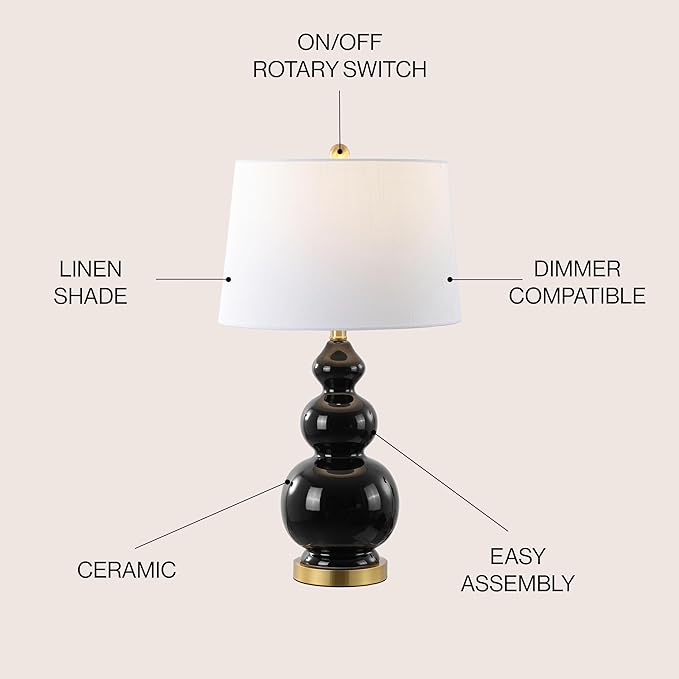 JONATHAN Y 27.5" Black/Brass Gold Modern Ceramic Gourd Table Lamp for Living Room, Large Bedside Nightstand Lamp for Bedroom, White Linen Drum Shade, LED Bulb Included (JYL4023C)