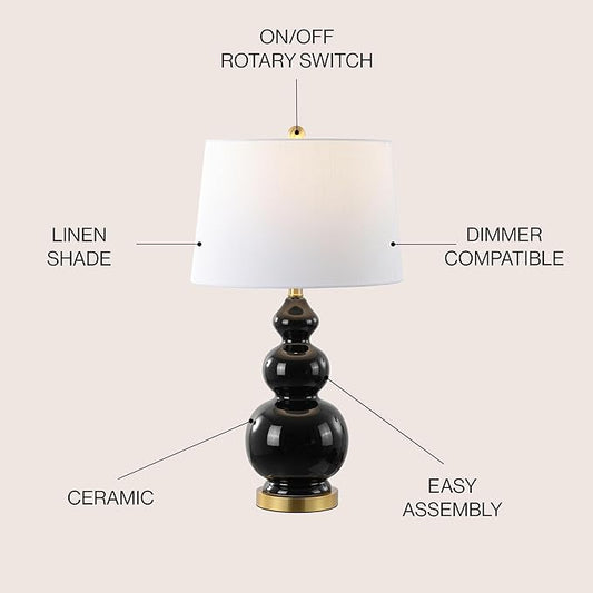 JONATHAN Y 27.5" Black/Brass Gold Modern Ceramic Gourd Table Lamp for Living Room, Large Bedside Nightstand Lamp for Bedroom, White Linen Drum Shade, LED Bulb Included (JYL4023C)