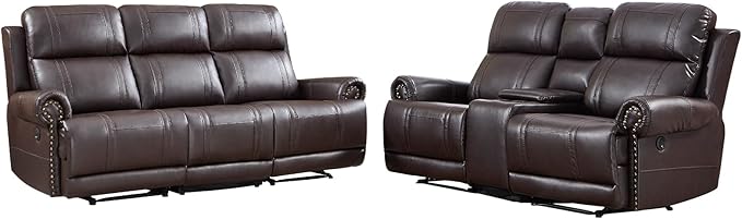 EBELLO Faux Leather Electric Reclining Sofa Set, Power Recliner Five Seats Sofa Set, a Loveseat and a 3-Seat Sofa with USB and Type-C Charging Ports, Vintage Rivet Design for Small Living Room, Brown