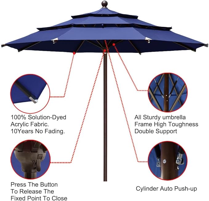EliteShade USA 10-Year-Non-Fading 11ft 3-Tier Market Patio Umbrella, Commercial Grade Outdoor Table Umbrella with Cylinder Push-Up, Windproof & UPF 50+ UV Protection, Heavy Duty Ventilation for Garden, Deck, Pool, Backyard, Beach & Bistro, Navy Blue