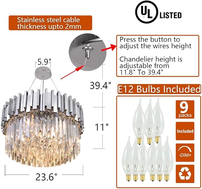 Modern Crystal Chandelier Lighting Chrome Pendant Lights Fixture with Stainless Steel Shade Island Chandeliers Ceiling Dining Room Living Room Contemporary Kitchen Dimmable 9-Lights