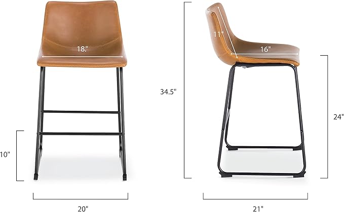 POLY & BARK Brinley Counter Stool Set of 3, Modern Armless Counter-Height Stools with Gently Curved Backrest and Wood Legs, Tan Faux Leather, for Kitchen Island or Breakfast Bar, 24" seat height