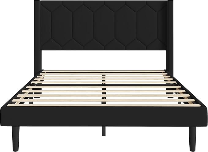 Full Size Bed Frame with Velvet Upholstered Headboard, Platform Bed Frame No Box Spring Needed, Modern Bedframe with Strong Wooden Slats, Black