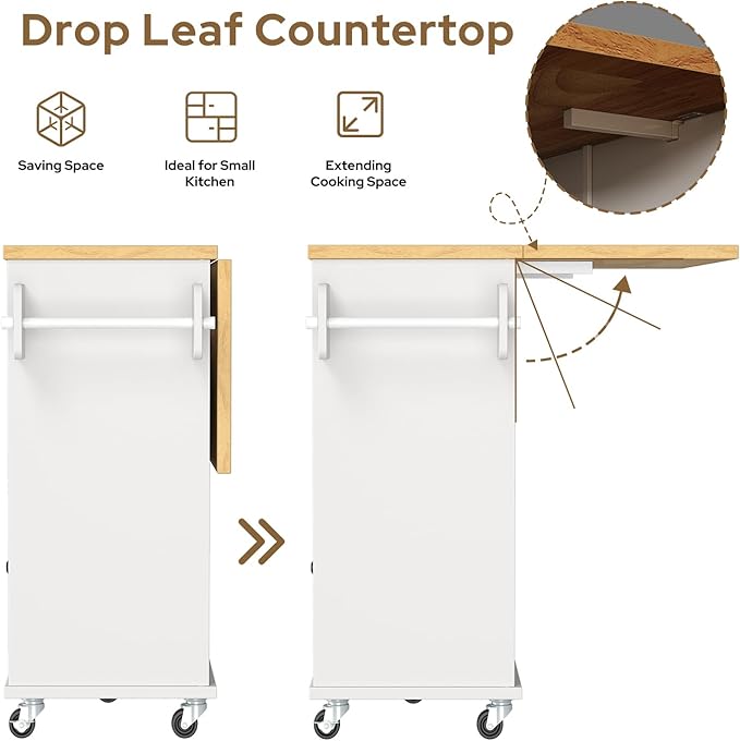 Rolling Kitchen Island with Storage Cabinet, 41.3'' Width Kitchen Cart with Desktop Drop Leaf Countertop, Portable Mobile Island with Towel Rack, Spice Rack Shelf, White