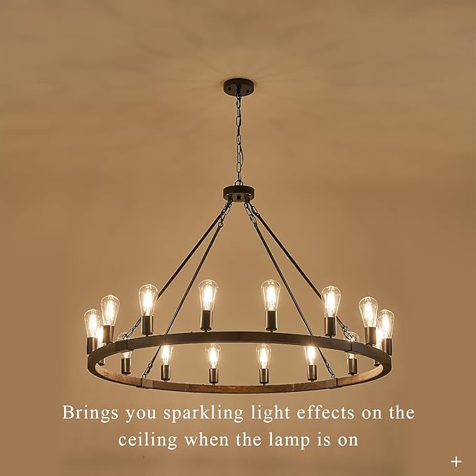 16 Lights Farmhouse Wagon Wheel Chandelier 43.3'' Rustic Wooden Light Fixture Black Round Chandelier Industrial for High Ceiling Living Dining Room Foyer Villa