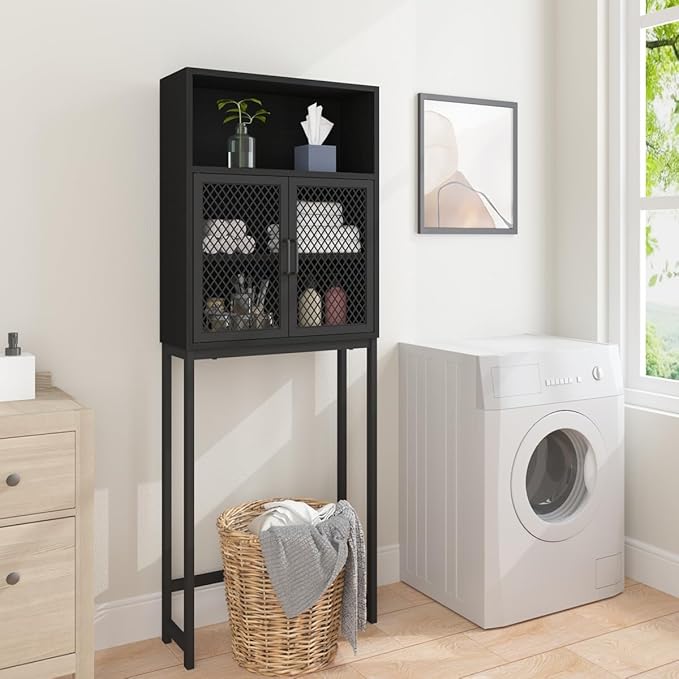 Launica Bathroom Organizer Over Toilet, Wood Metal Over The Toilet Storage, Industrial Bathrooms Space Saver Shelf Over Toilet, Freestanding Bathrooms Cabinet Above Toilet wtih Rack, Black Oak