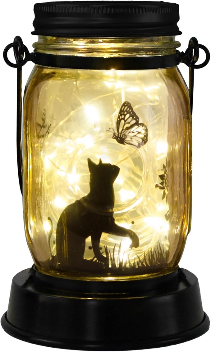 Cat Lover Gifts for Mom/Grandma/Women/Sister Cat Butterfly Solar Light Gifts Mother Day Gift Solar Lanterns Outdoor Waterproof Fairy Lights Led Mason Jar Hanging Cat Lamps Decor for Garden Yard Patio