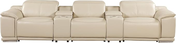 BlackJack Furniture Venice Top Grain Italian Leather Power Recline 8 Piece 5 Seater Sofa - 134" Theater Seating Modern Couch for Living Room Apartment with Adjustable Headrests & USB Port, Beige