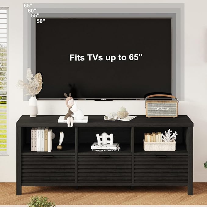 BON AUGURE Black TV Stand for 65 55 50 in TVs, Mid Century Modern Entertainment Center with Storage Drawers, Wood Television Media Console Cabinet for Living Room, Bedroom (Black Oak)