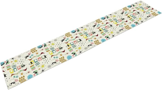 Mid Century Table Runner Modern Black Cat Colorful Geometric Atomic Star for Kitchen Dining Room Dining Table Decoration 13x120in