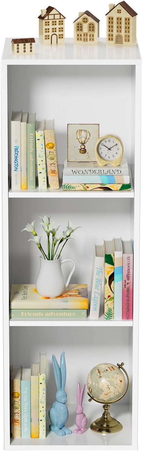 3 Tier Bookshelf, Narrow Bookcase for Small Spaces, Wooden Book Case Bookshelves Storage Organizer for Bedroom Living Room Home Office (White, 3 Cube)