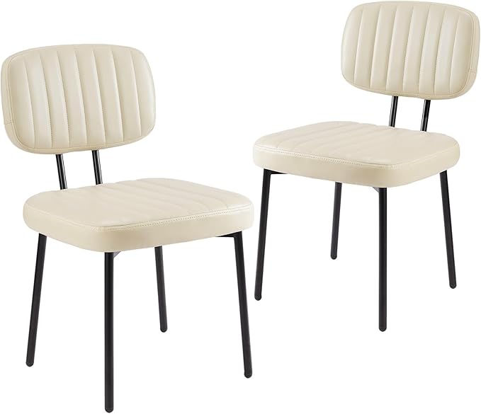 Sweetcrispy Dining Chairs Set of 2, Upholstered Mid Century Modern Kitchen Accent Chairs with Faux Leather Cushion Seat & Metal Legs for Home Office, Living Room-Beige White