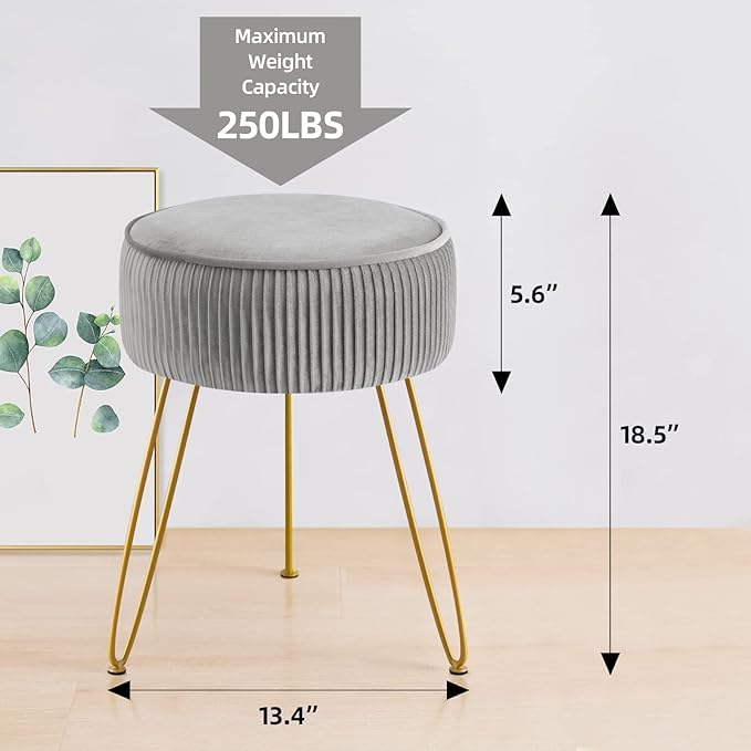 GERANT Multifunctional Vanity Stool,Modern Stools for Makeup Room,Velvet Round Ottoman Footrest Stool with Metal Legs, Upholstered Pleated Chair Living Room,Office, Artistic Gray, (ZG001)