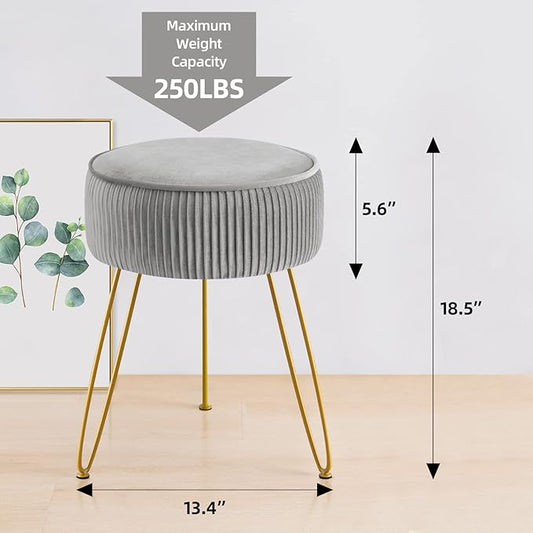 GERANT Multifunctional Vanity Stool,Modern Stools for Makeup Room,Velvet Round Ottoman Footrest Stool with Metal Legs, Upholstered Pleated Chair Living Room,Office, Artistic Gray, (ZG001)