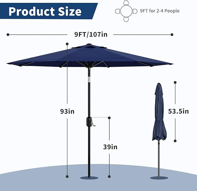 Garvee 9FT Patio Umbrella - Outdoor Table Umbrella with Crank Lift & Push Button Tilt - Market Umbrella 8 Sturdy Ribs UV Protection for Pool, Deck, Yard, Garden, Navy Blue